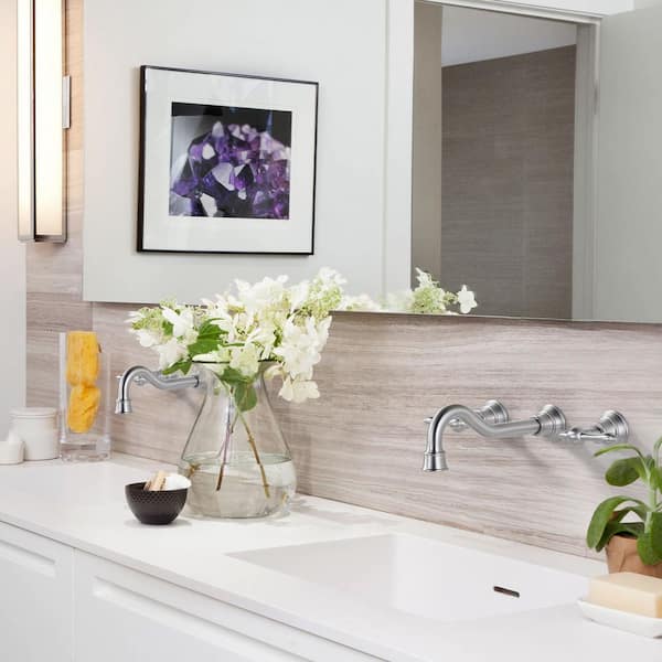 Double Handle Wall Mounted Bathroom Faucet in Brushed Nickel