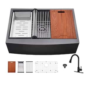 Matte Black Stainless Steel 33 in. Single Bowl Farmhouse Apron Kitchen Sink with Faucet and All in One Accessory Set