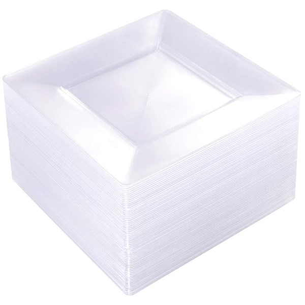 Clear Square Food-Grade Durable Plastic Disposable Dessert Salad and Appetizer Party Plates (Set of 60)