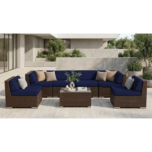 Ohana Dark Brown 7-Piece Wicker Patio Seating Set with Sunbrella Navy Cushions