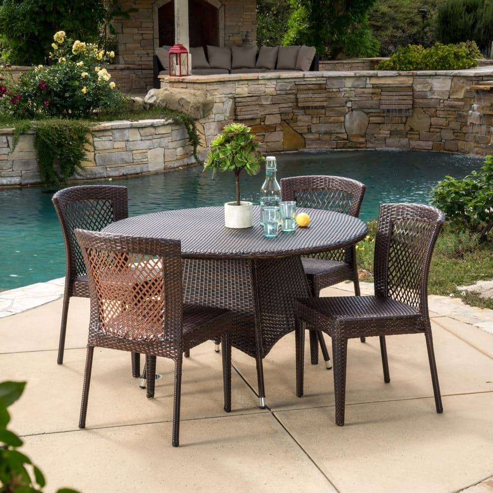 Ernesto Multi-Brown 5-Piece Faux Rattan Round Outdoor Patio Dining Set with Stacking Chairs -  Noble House, 6175