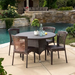 Ernesto Multi-Brown 5-Piece Faux Rattan Round Outdoor Dining Set with Stacking Chairs