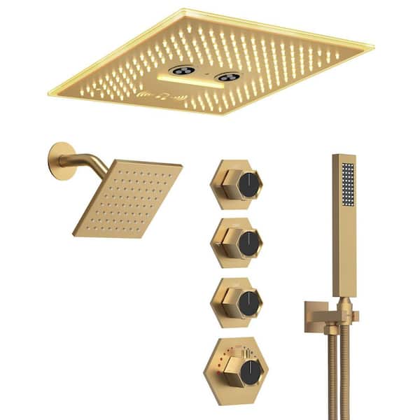 16 in. AuroraMist LED 17-Spray Dual Ceiling Mount Fixed and Handheld Shower Head 2.5 GPM in Brushed Gold