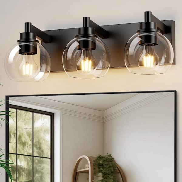 20 in. 3-Light Modern Black Bathroom Vanity Light with Clear Glass Shades