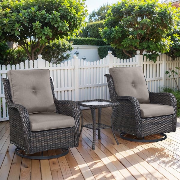 Pocassy Brown 3-Piece Wicker Patio Conversation Deep Seating Set with Gray Cushions All-Weather Swivel Rocking Chairs