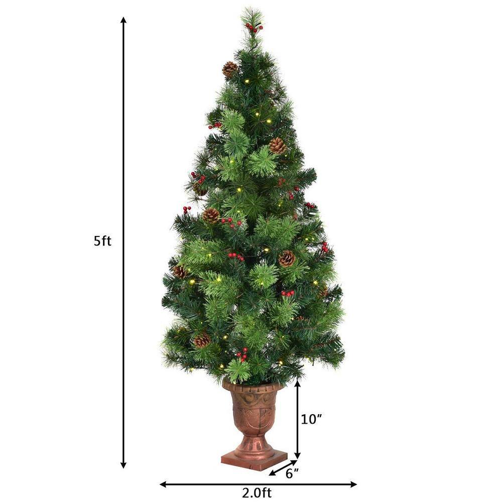 5-Foot Pre-Lit Green Christmas Tree with Pine Cones and Red Berries
