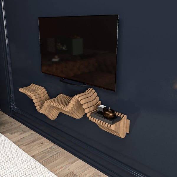 Natural Oak 48 in. Abstract Wavy Floating TV Stand Console Wall Shelf, Fits TVs up to 65 in., Parametric Wall Shelf