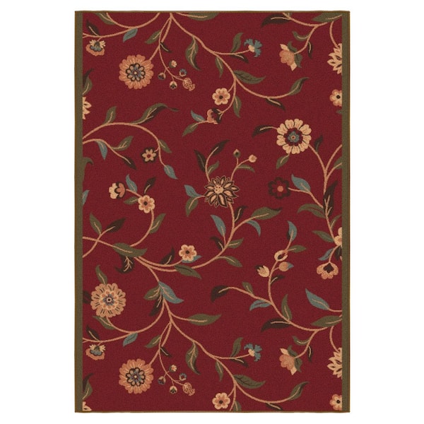 Homeline Non-Slip Rubberback 2 ft. 7 in. x 5 ft. Floral Leaves Indoor, Dark Red Area Rug