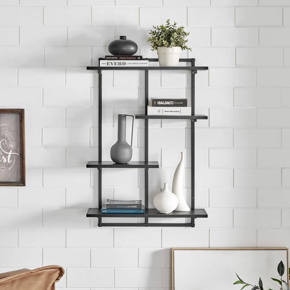 Rhodes Black Iron and Wood 4-Tier Floating Wall Shelf Unit