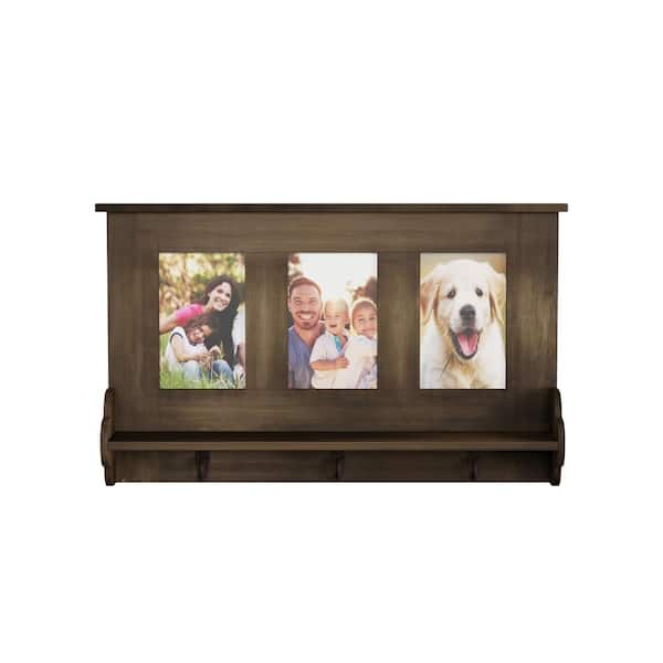 Lavish Home Decorative Wall Shelf with Photo Collage Frames and 3-Hanging Hooks