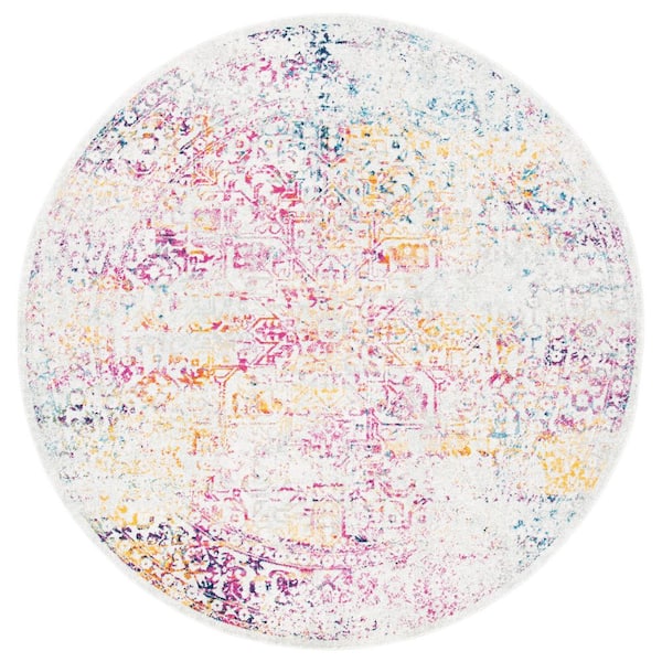 SAFAVIEH Evoke Ivory/Fuchsia 7 ft. x 7 ft. Distressed Border Medallion Round Area Rug