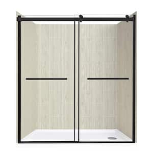 Double Roller 60 in. L x 32 in. W x 78 in. H Right Drain Alcove Shower Stall Kit in Driftwood and Matte Black Hardware