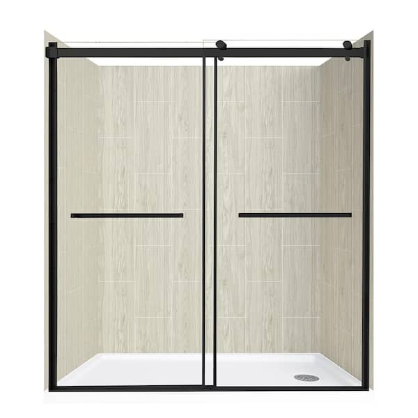 CRAFT + MAIN Double Roller 60 in. L x 32 in. W x 78 in. H Right Drain Alcove Shower Stall Kit in Driftwood and Matte Black Hardware