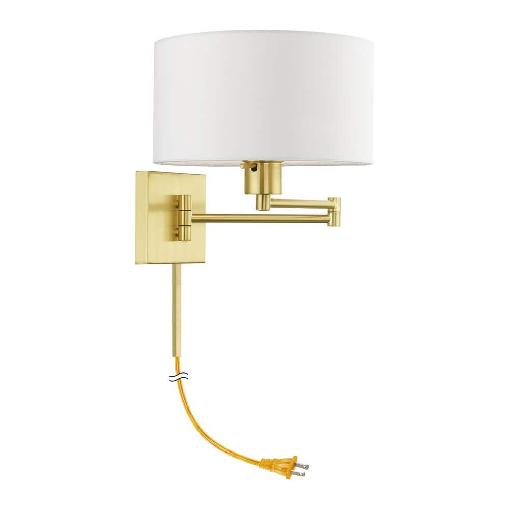 Satin Brass Swing Arm Wall Lamp with Off-White Shade
