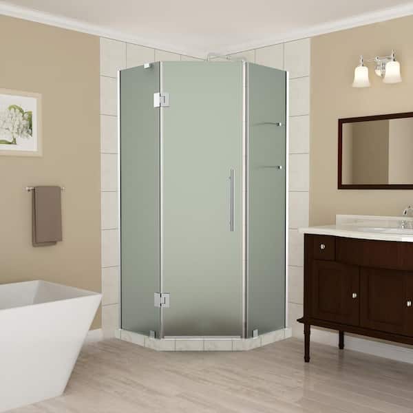 Aston 38 to 38.5 in. x 72 in. Frameless Hinged Neo-Angle Shower Enclosure with Frosted Glass and Shelves in Chrome