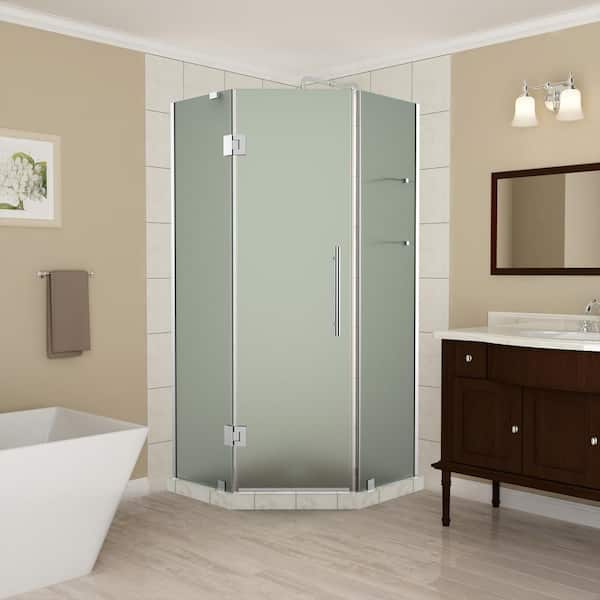 Aston 40 to 40.5 in. x 72 in. Frameless Hinged Neo-Angle Shower Enclosure with Frosted Glass and Shelves in Chrome