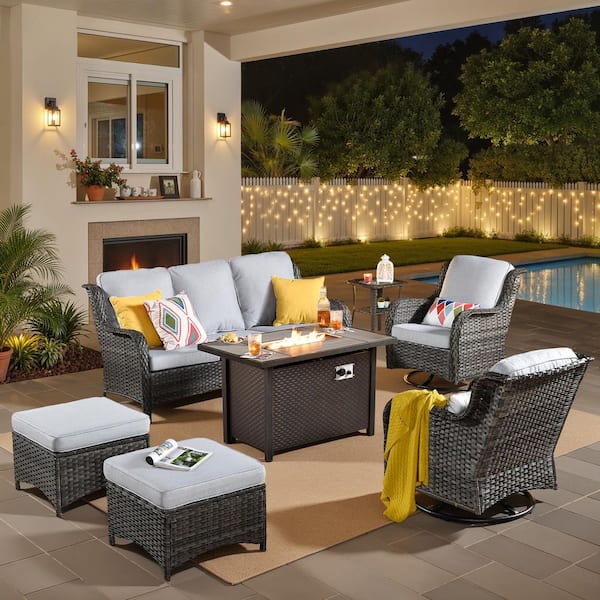 OVIOS Joyoung Gray 7-Piece Wicker Patio Rectangle Fire Pit