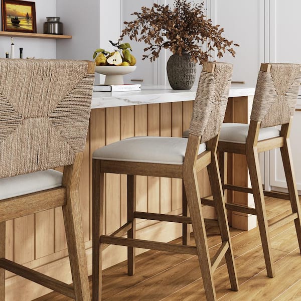 Beacon 29 in. Bohemian Boucle Upholstered Wood Bar Height Bar Stool w/Woven Back, Cream Boucle/Light Brown, Set of 3