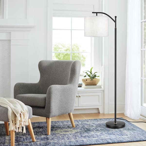 BICIK 63 in. 3 Color Temperatures Black Adjustable Arched/Arc Floor Lamp with White Linen Texture Shade