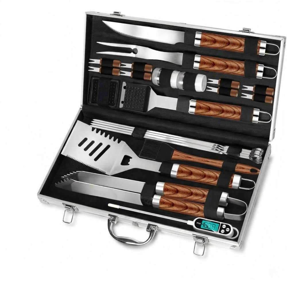 26pcs Brown Stainless Steel BBQ Grill Utensils Set with Apron Thermometer Mats in Aluminum Case price history on PriceWatchPro