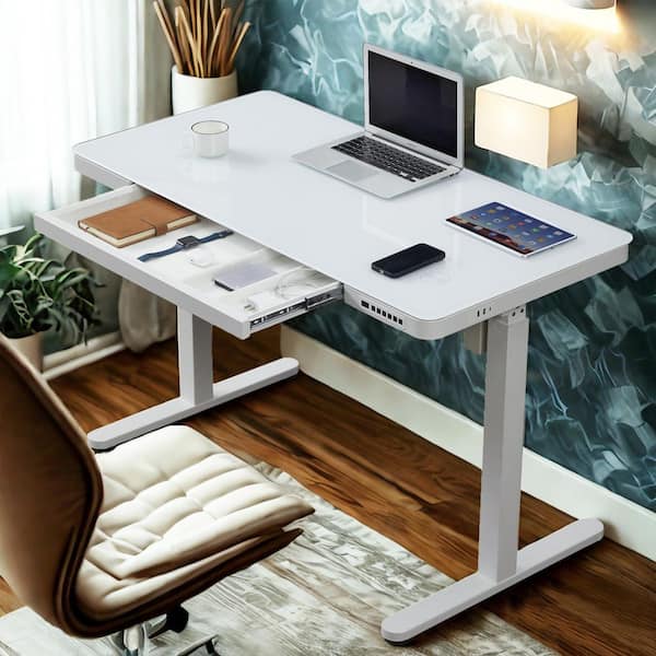 AIE 48 in. Ice White Glass Electric Standing Desk with Wireless Charger, Drawer and Memory Height Presets