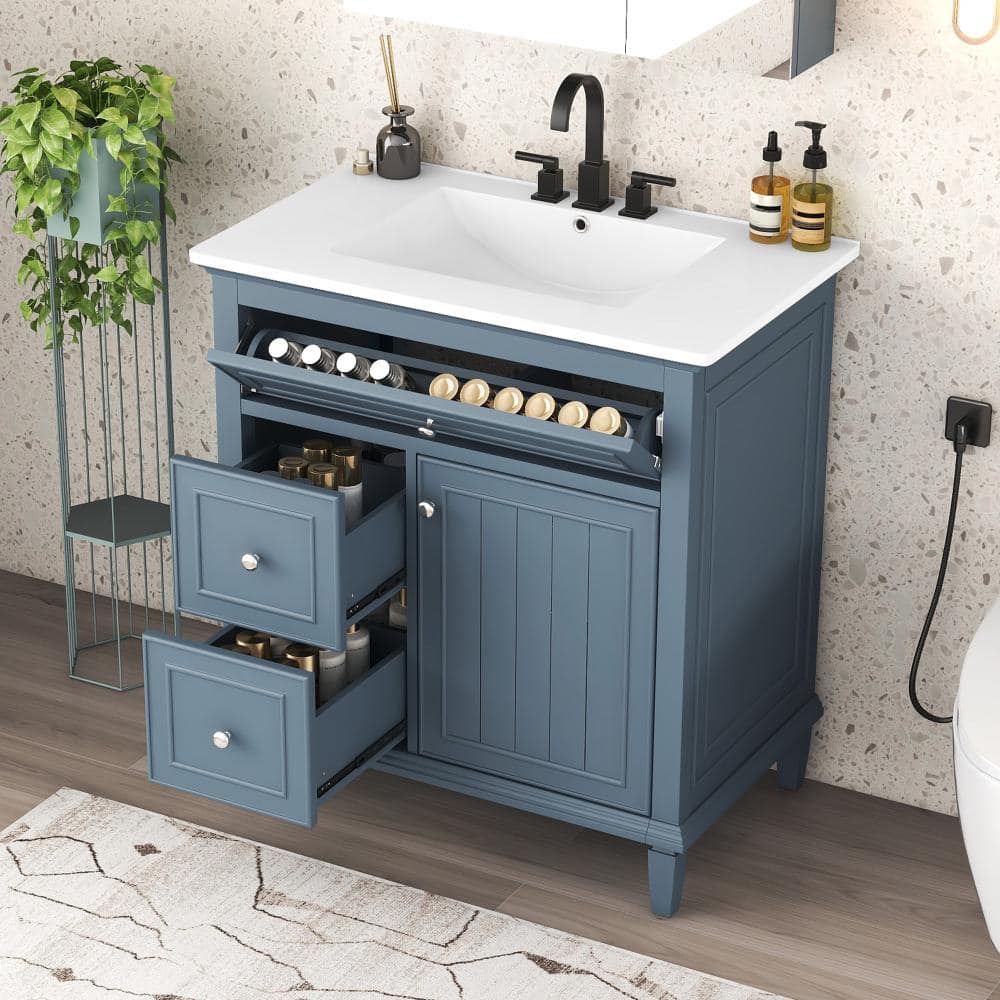 30 in. Blue Gray Bath Vanity with White Ceramic Sink Top, Adjustable Shelf, One Flip Drawer and Two Drawers price history on PriceWatchPro