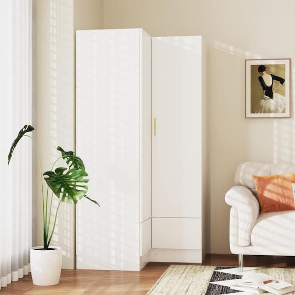 FUFU&GAGA White Wooden 35.4 in. W x 19.8 in. D x 70.9 in. H Bedroom Corner Wardrobe, Armoire with 2-Press Drawers and 2-Hold Bar