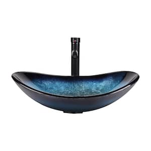 Bathroom Artistic Tempered Glass Oval Vessel Sink with Chrome Faucet and Pop-up Drain Combo in Ocean Blue