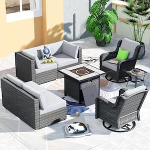 Poseidon Gray 8-PieceWicker Outerdoor Patio Fire Pit Set and with Gray Cushions and Swivel Rocking Chairs