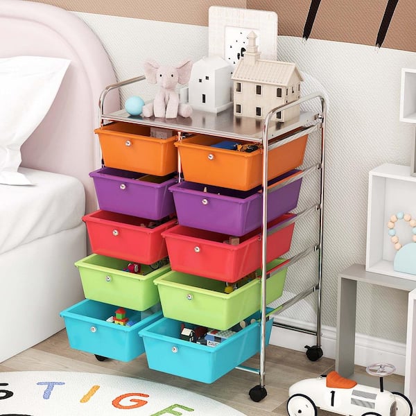10-Drawer 4-Wheeled Plastic Storage Cart Utility Rolling Trolley Kitchen Office Organizer in Multi-Color