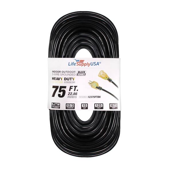 LifeSupplyUSA 75 ft. 12/3 SJTW 15 Amp 125-Volt 1875-Watt Lighted End Indoor/Outdoor Black Heavy-Duty Extension Cord (5-Pack)