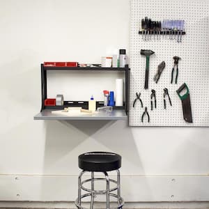 Fold-Down Wall-Mounted Workbench with Shelves