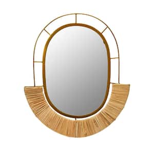17 in. W X 19.5 in. H  Natural Oval Modern Boho Metal and Cane Framed Wall Mirror