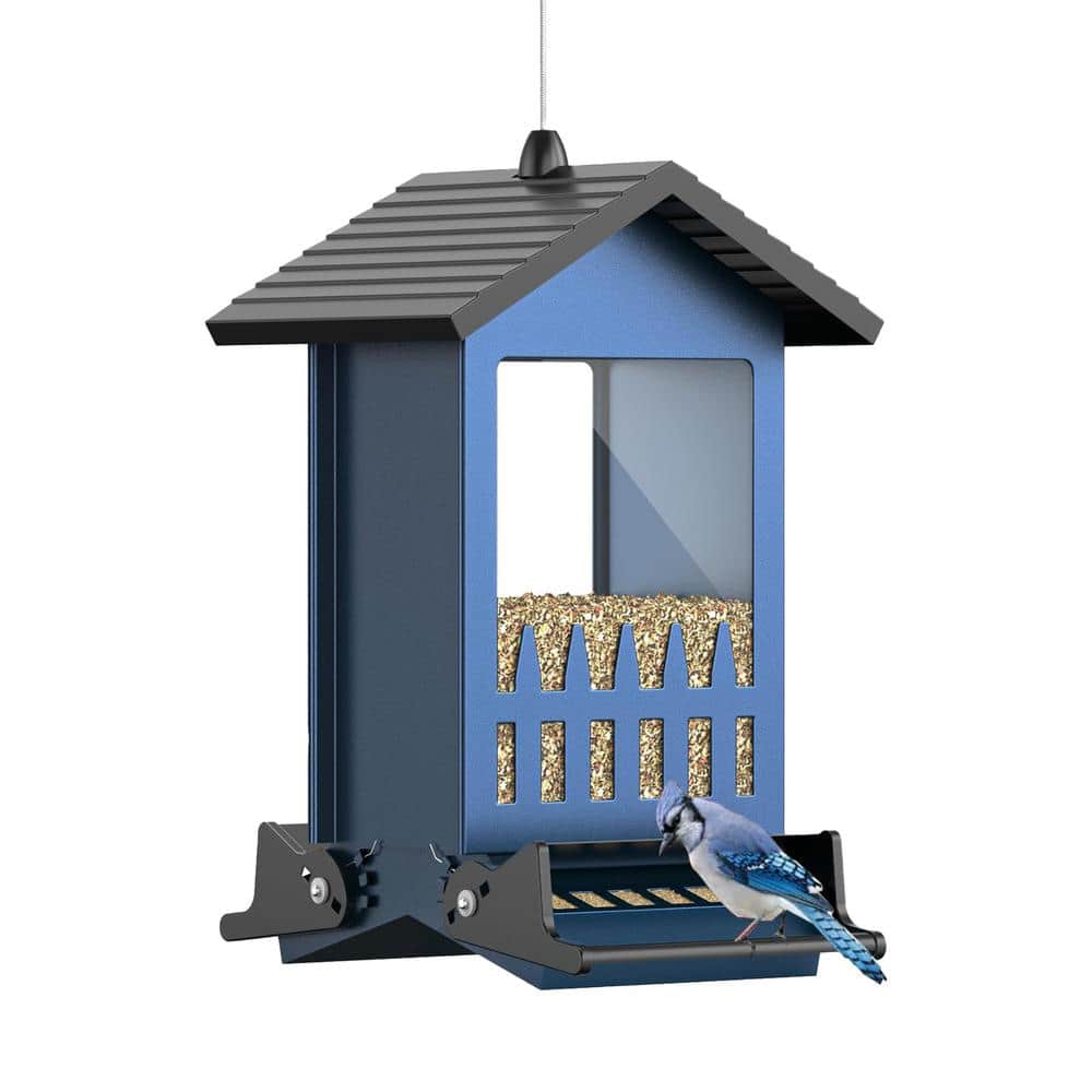 Unique Blue Metal Squirrel Guard Hanging Multiple Bird Species Seed Feeder 