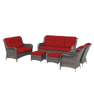 6-Piece Steel Outdoor Patio Conversation Seating Set Backyard Garden with Red Cushions