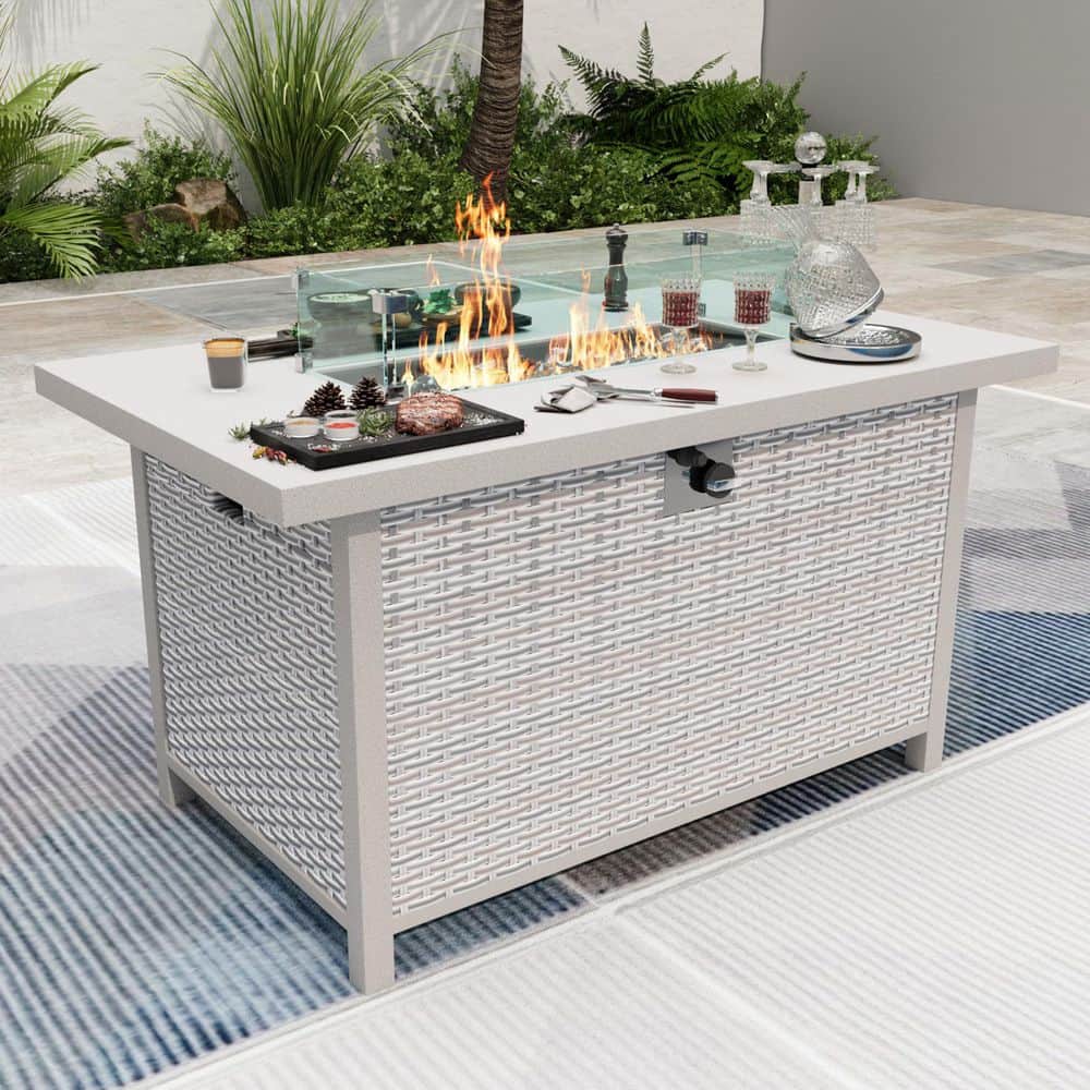 Gray Rattan Wicker 40.5 in. Rectangular 60,000 BTU Outdoor Propane Fire Pit
