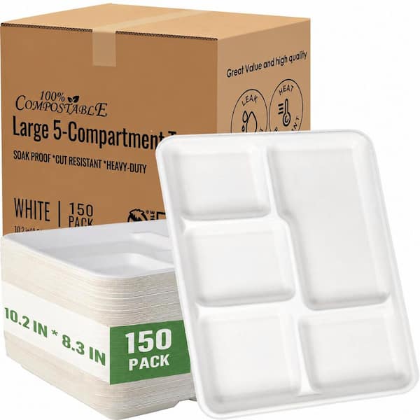 10.2 in. White Paper Disposable Plate Natural Color Family 5 Compartment Compostable Tableware (150 Per Case)