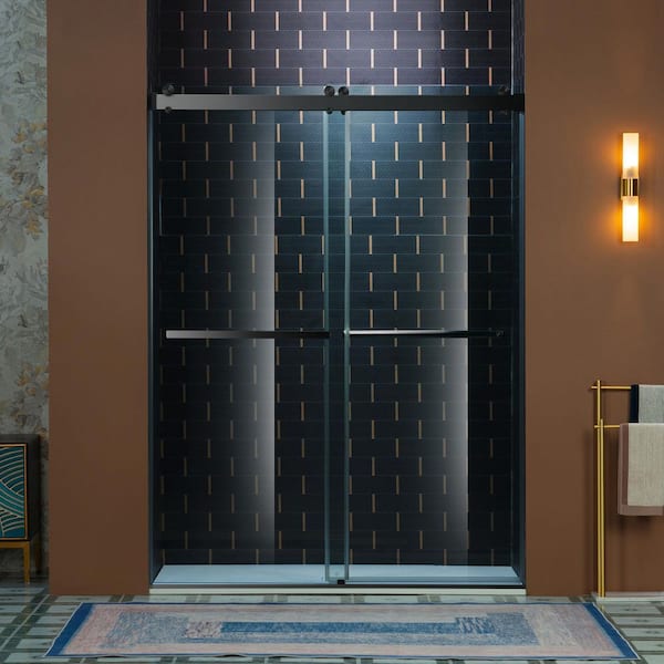 60 in. W x 80 in. H Double Sliding Frameless Shower Door in Matte Black Finish w/ Soft Close and 3/8 in. Clear Glass