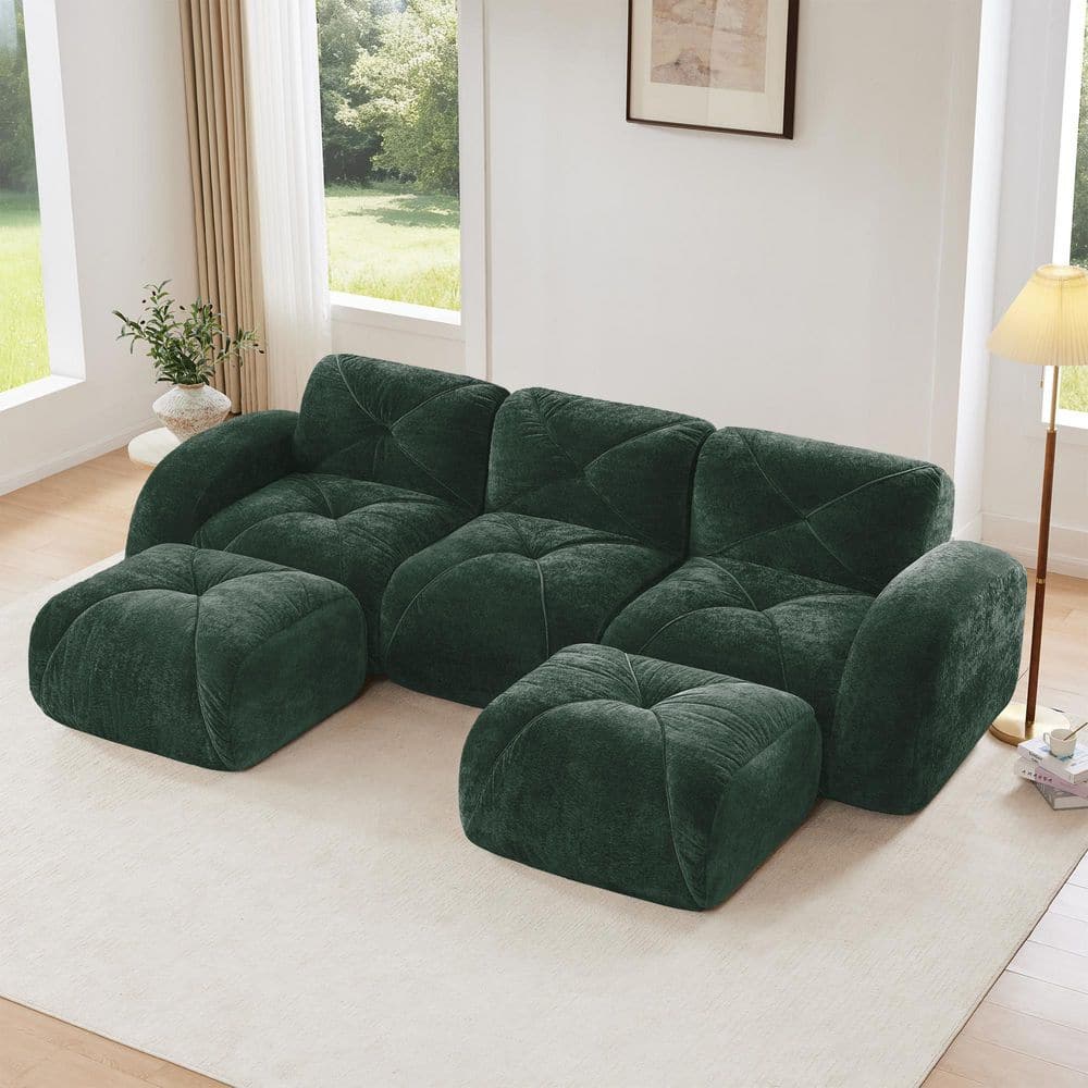110.6 in. Velvet L-Shaped Modular Sectional Sofa in Green Boneless Sofa Set with Two Ottomans, No Assembly Required