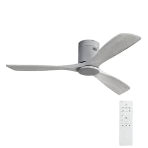 52 in. Indoor Low Profile DC Ceiling Fan in Silver 3 Carved Wood Blade Reversible Motor Remote Control without Light