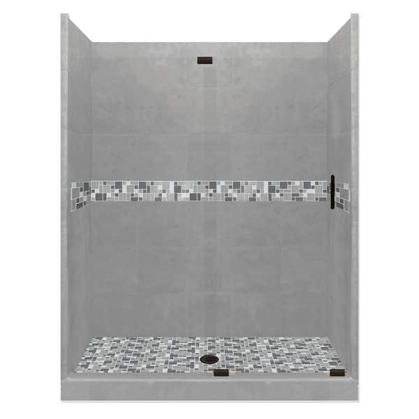 American Bath Factory Newport Grand Slider 30 in. x 60 in. x 80 in. Center Drain Alcove Shower Kit in Wet Cement and Black Pipe Hardware