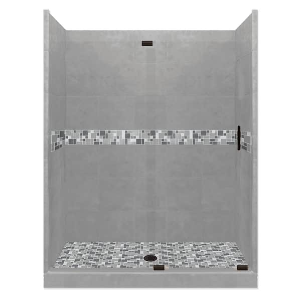 American Bath Factory Newport Grand Slider 34 in. x 60 in. x 80 in. Center Drain Alcove Shower Kit in Wet Cement and Black Pipe Hardware