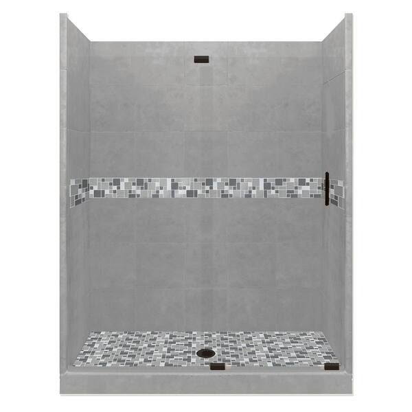 American Bath Factory Newport Grand Slider 42 in. x 60 in. x 80 in. Center Drain Alcove Shower Kit in Wet Cement and Black Pipe Hardware