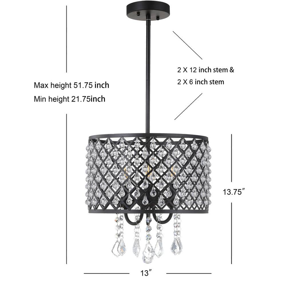Gigi 13" Glamorous Black Iron & Crystal LED Drop Chandelier
