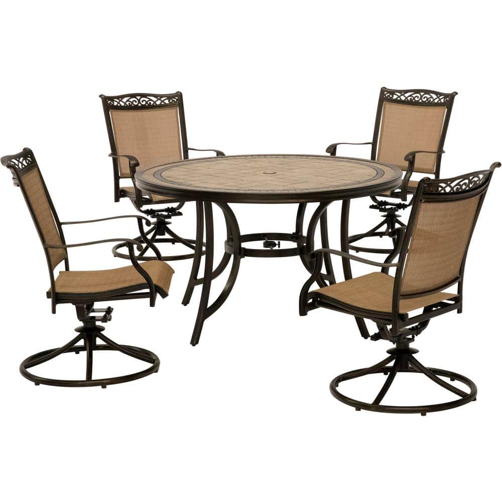 Hanover Fontana 5-Piece Aluminum Round Outdoor Dining Set with Swivels and Tile-Top Pedestal Table -  FNTDN5PCSWTN