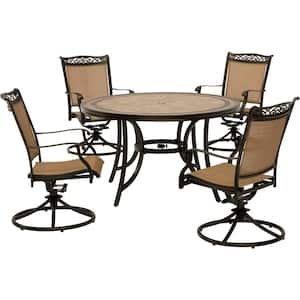 Fontana 5-Piece Aluminum Round Outdoor Dining Set with Swivels and Tile-Top Pedestal Table