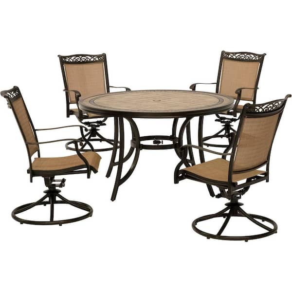 Hanover Fontana 5-Piece Aluminum Round Outdoor Dining Set with Swivels and Tile-Top Pedestal Table