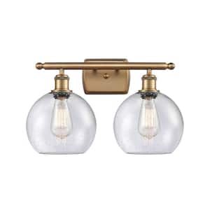 Athens 18 in. 2-Light Brushed Brass Vanity Light with Seedy Glass Shade