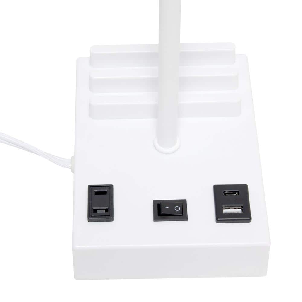 White Rectangular Nightstand Lamp with USB Ports and Charging Outlet
