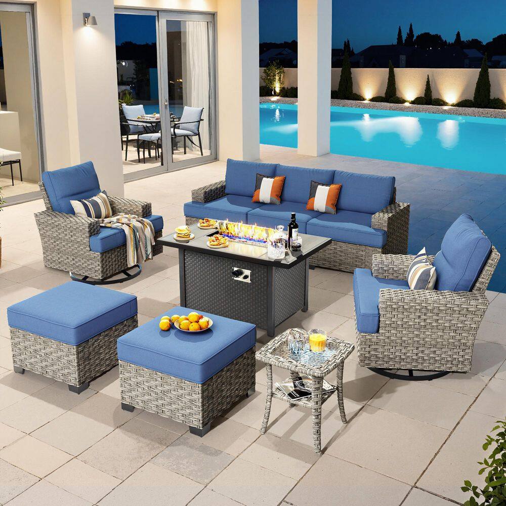 Verve 9-Piece Wicker Rectangular Fire Pit Sets and Swivel Rocking Chairs with Denim Blue Cushion